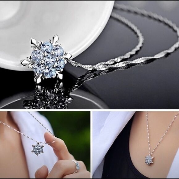 Elegant Blue Crystal   Snowflake Silver Necklace - Picture 2 of 6
